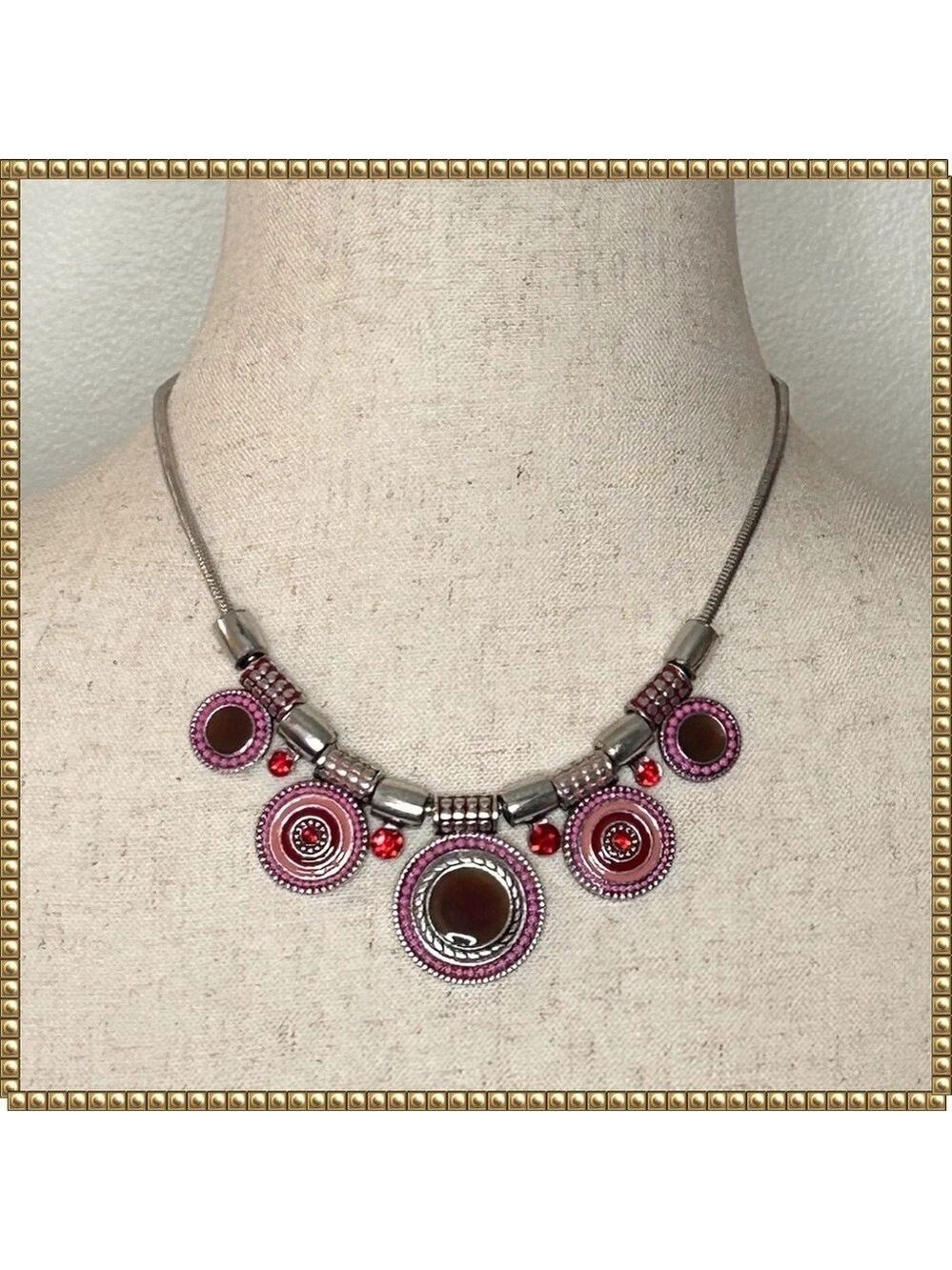 Boho Silver Tone Crystal Enamel Pendant Necklace